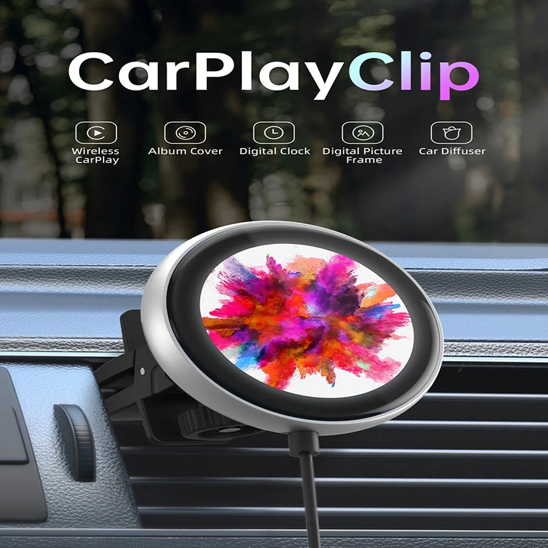 

Wireless carplay flavor chip clock 2024 features a 1.6-inch display that supports 360-degree angle adjustment for picture upload