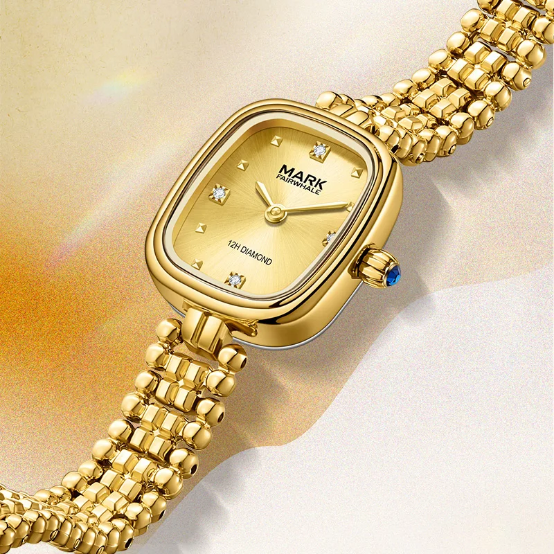 Luxury Gold Women's Watch Steel Rectangle Diamond Top Fashion Dress Wristwatch for Ladies