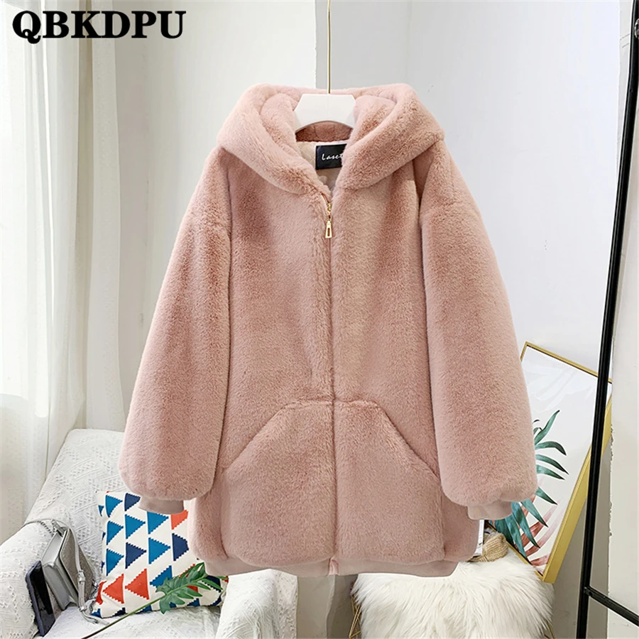 Women Warm Thick Overcoat Plush Outwear Top Pink Elegant Fashion Korean Jackets Winter Mid-length Faux Rabbit Fur Hooded Coat