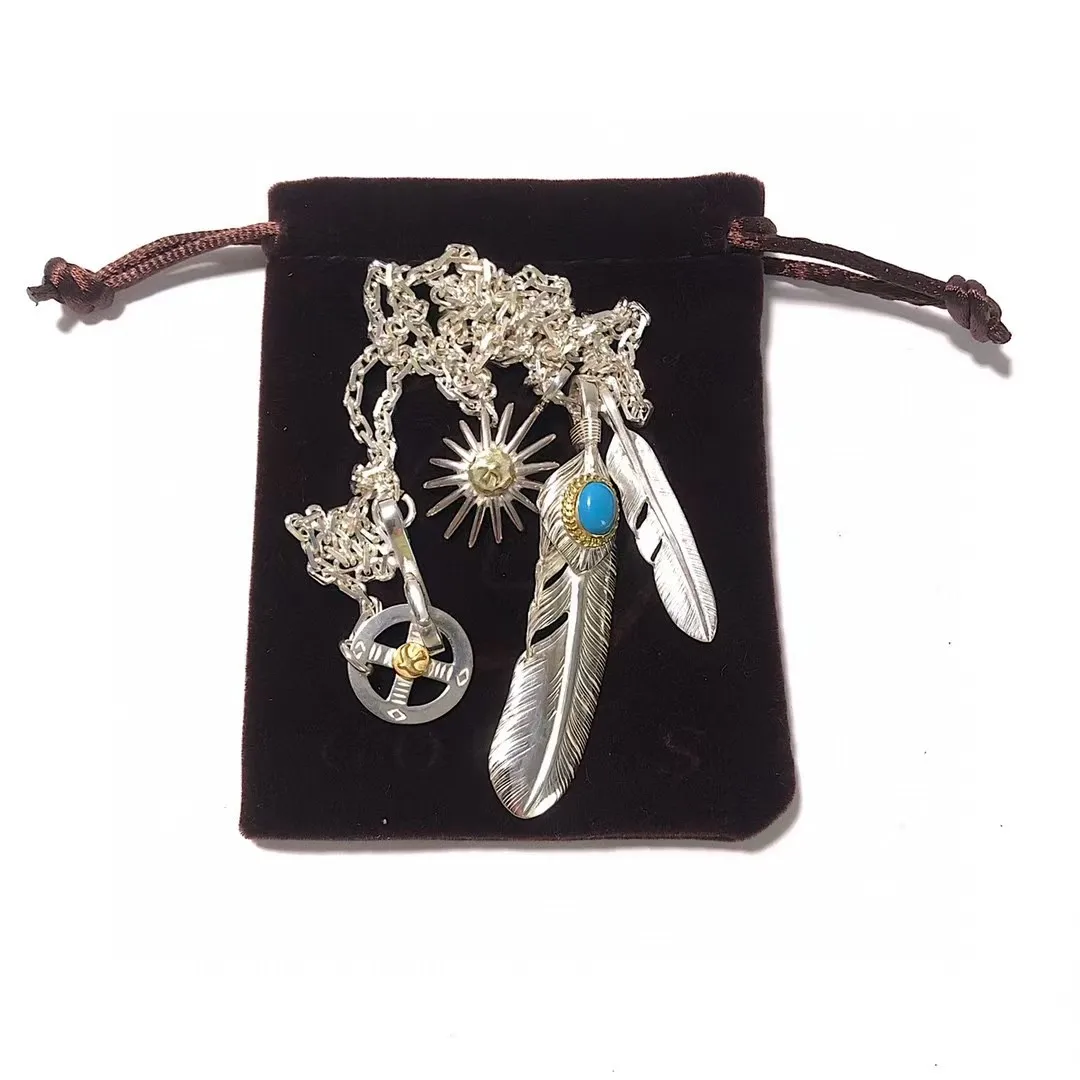 Fashion Japanese Takahashi goros feather inlaid turquoise feather silver sun decorative set necklace