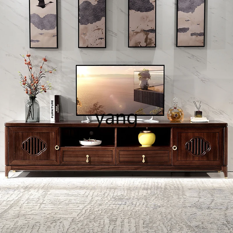 

LTT New Chinese Style Solid Wood TV Cabinet Black Walnut Wood TV Stand Living Room Floor Cabinet