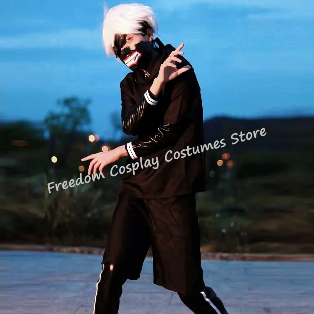Kaneki ken cosplay traje com capuz jaqueta calças conjunto completo uniforme de luta de couro preto feminino masculino traje de halloween com máscara peruca