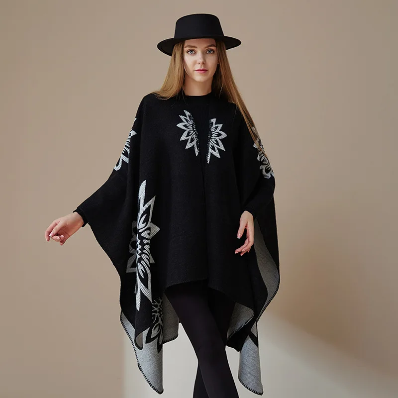 

Women Autumn Warm Thicken Faux Cashmere Outerwear Mantle Female Long Poncho Split Shawl Cape Loose Cloak Knitted Floral Blanket