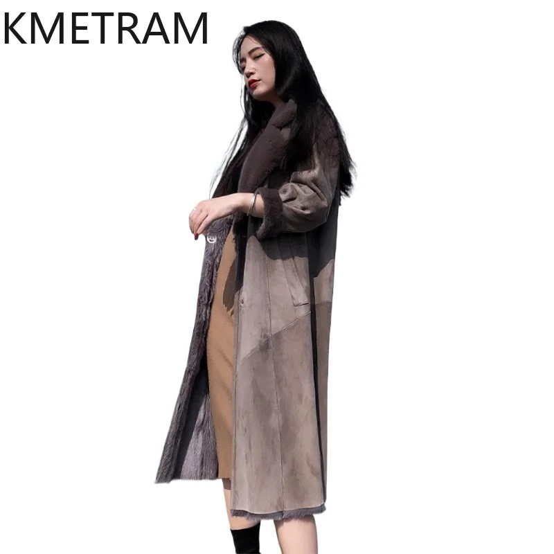 

Двусторонняя меховая куртка из натуральной козьей шерсти, женская роскошная длинная шуба из натурального меха, зимняя женская одежда, воротник из норкового меха 2025 шуба