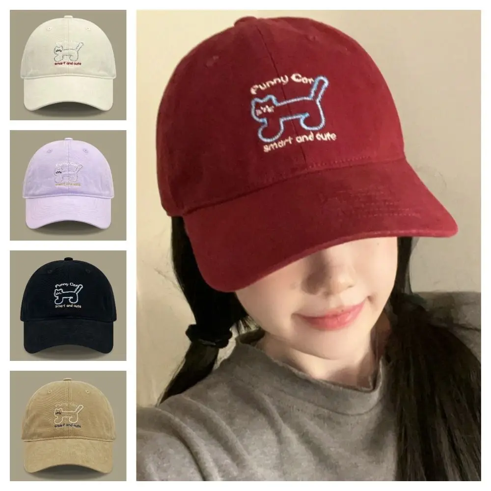 

Simple Adjustable Sunscreen Baseball Cap Korean Style Breathable Cat Embroidered Cap Sunshade Soft Cotton Peaked Hat Streetwear