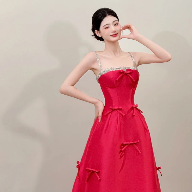 

Розово-красное милое вечернее платье для дня рождения для девочек и женщин, вечернее платье на бретельках с бриллиантами и бантом, простые свадебные платья по индивидуальному заказу