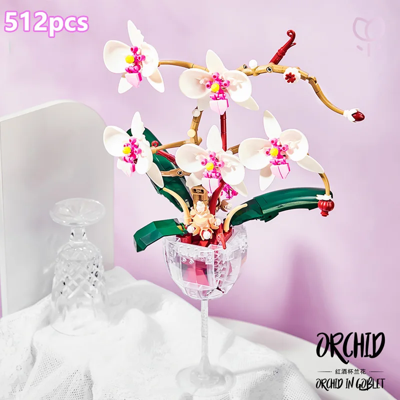 Simulation Orchid Potted Building Block Set with Vase Plant