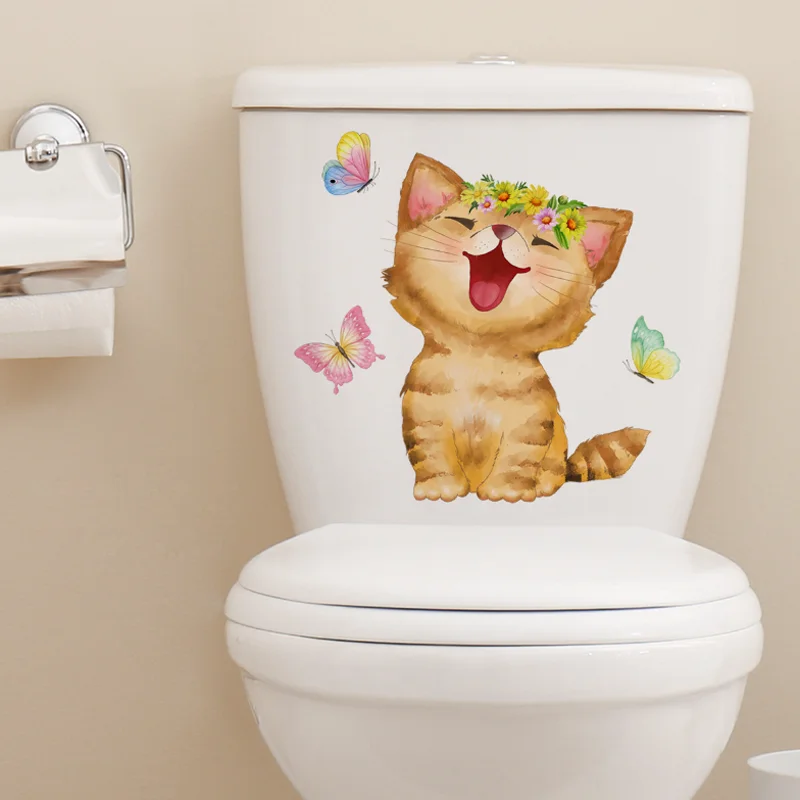 Naughty Cat Butterfly Wall Sticker Window Glass Toilet Sticker Bathroom Decora Sticker Creative Removable Waterproof Antifouling