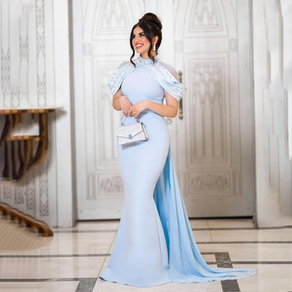 

Sky Blue Evening Dresses with Cape High Neck Mermaid Prom Dress Bead Wedding Guest Party Dress Customized فساتين سهرة
