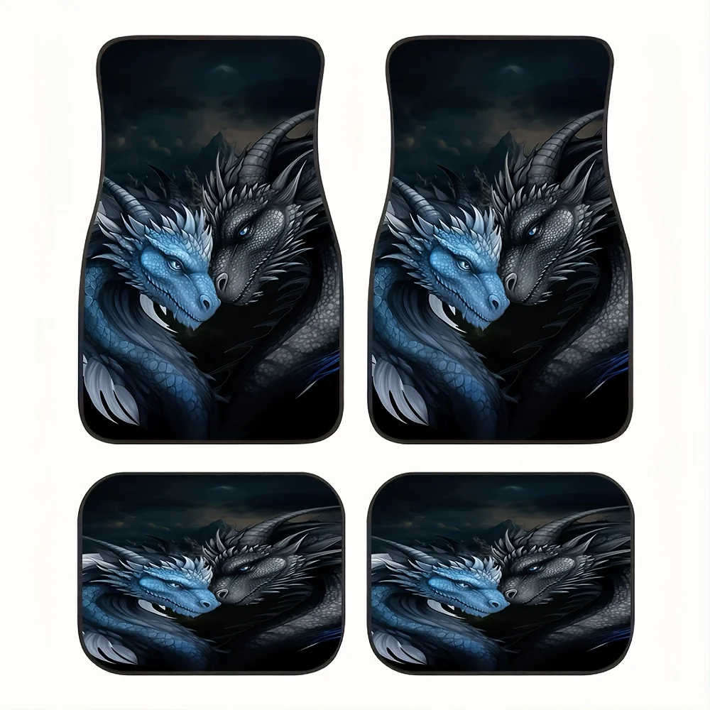 4pcs Ice Blue& Black Dragon Entwined Car Mats- Universal Fit- Fantasy Dreamy Print- Interior Accessory