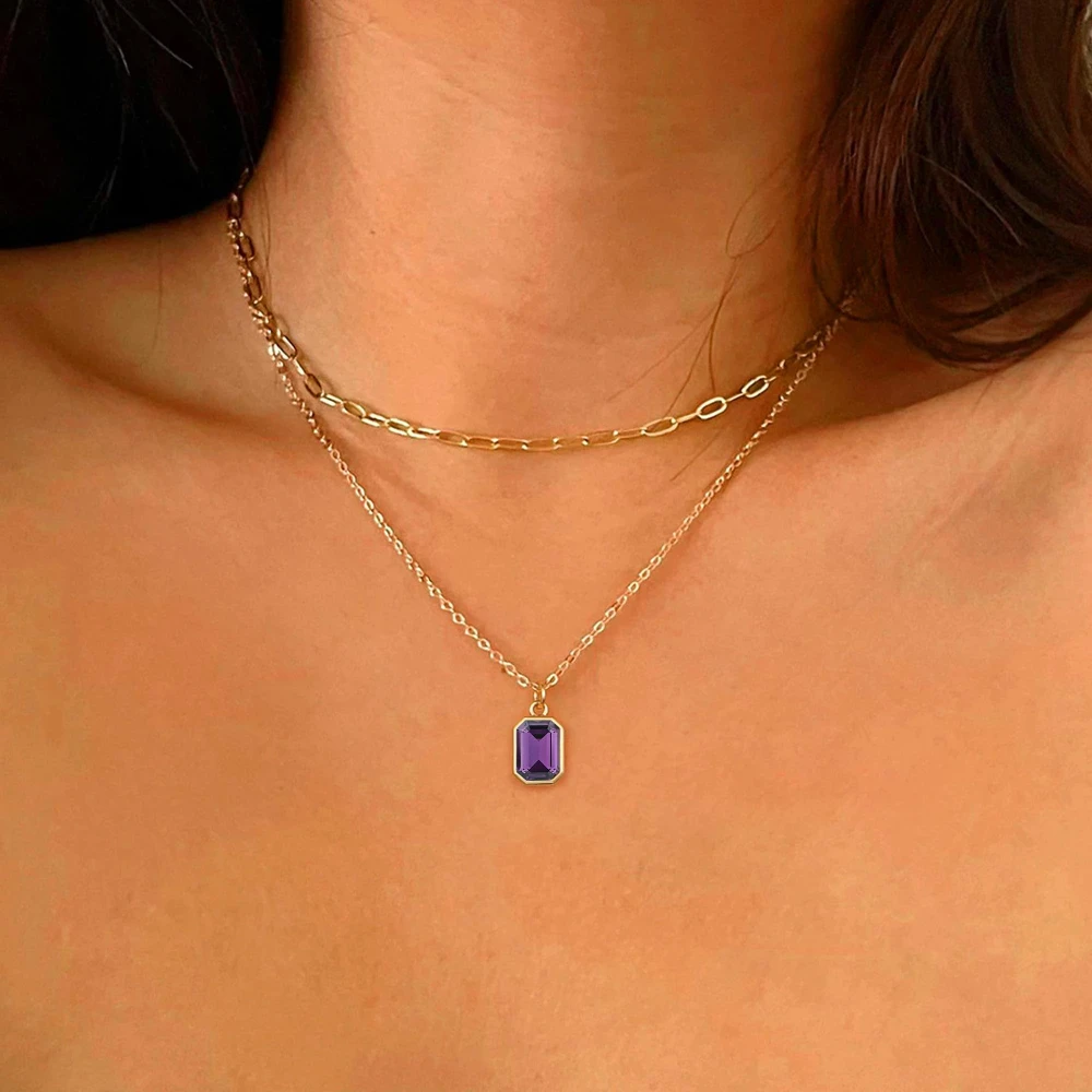 

December Birthday Birthstone Women's Double layered Necklace Rectangular Pendant Charm Women's Necklace