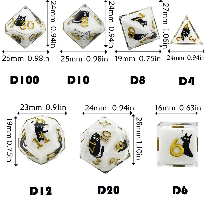 Set dadu kucing hitam 7 buah dengan desain dadu, cocok untuk permainan peran D&D Dragon and Dungeon