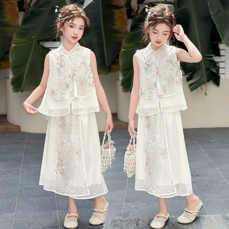 

Girls' Summer Dress Set 2026 New Children's Breathable Vest Pants 2-piece Set Kids' Trendy Top Pants Clothing Set LJ599