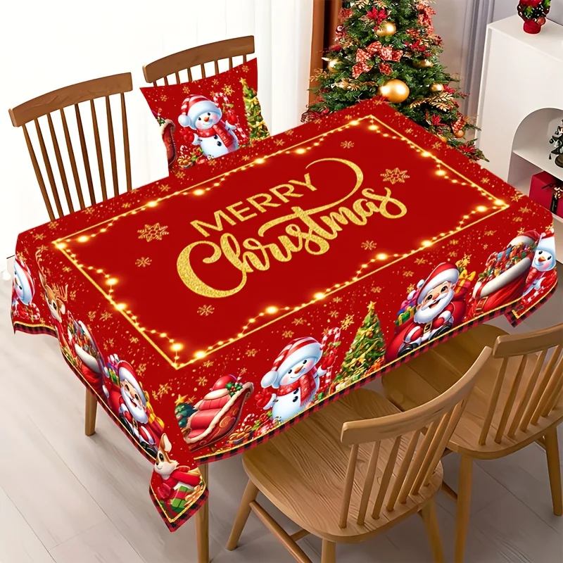 1pc  Merry Christmas Red Tablecloth Santa Snowman Xmas Tree Print Waterproof Dining Table Cover for Holiday Party Home Decor