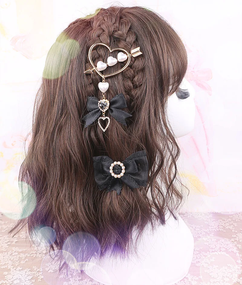 Harajuku دبوس الشعر اليابانية الحلو الألغام اللؤلؤ القلب السهم القوطية لوليتا الشعر القوس حجر الراين الجانب كليب مقاطع الشعر للنساء