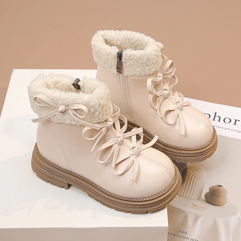 Girls Winter Ankle Boots Cute Bow Fleece Lined Kids Snow Boots Side Zipper Warm Toddler Boots Kids Plush Princess Shoes