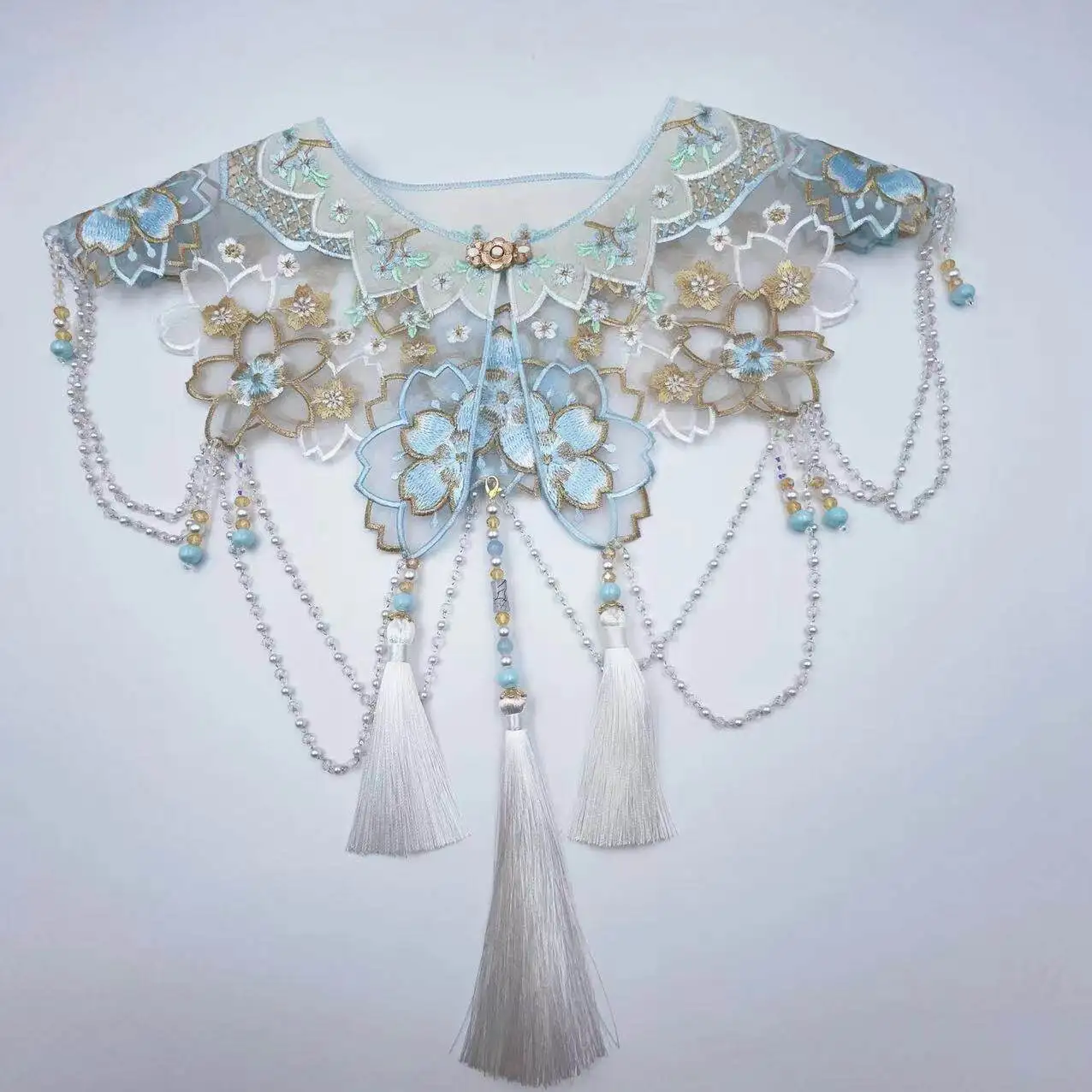 2026 New Light Blue Chinese Hanfu Style Pet Shawl Exquisite Floral Embroidery Bead Tassel Decor For Dogs Cats Cosplay Stage Wear