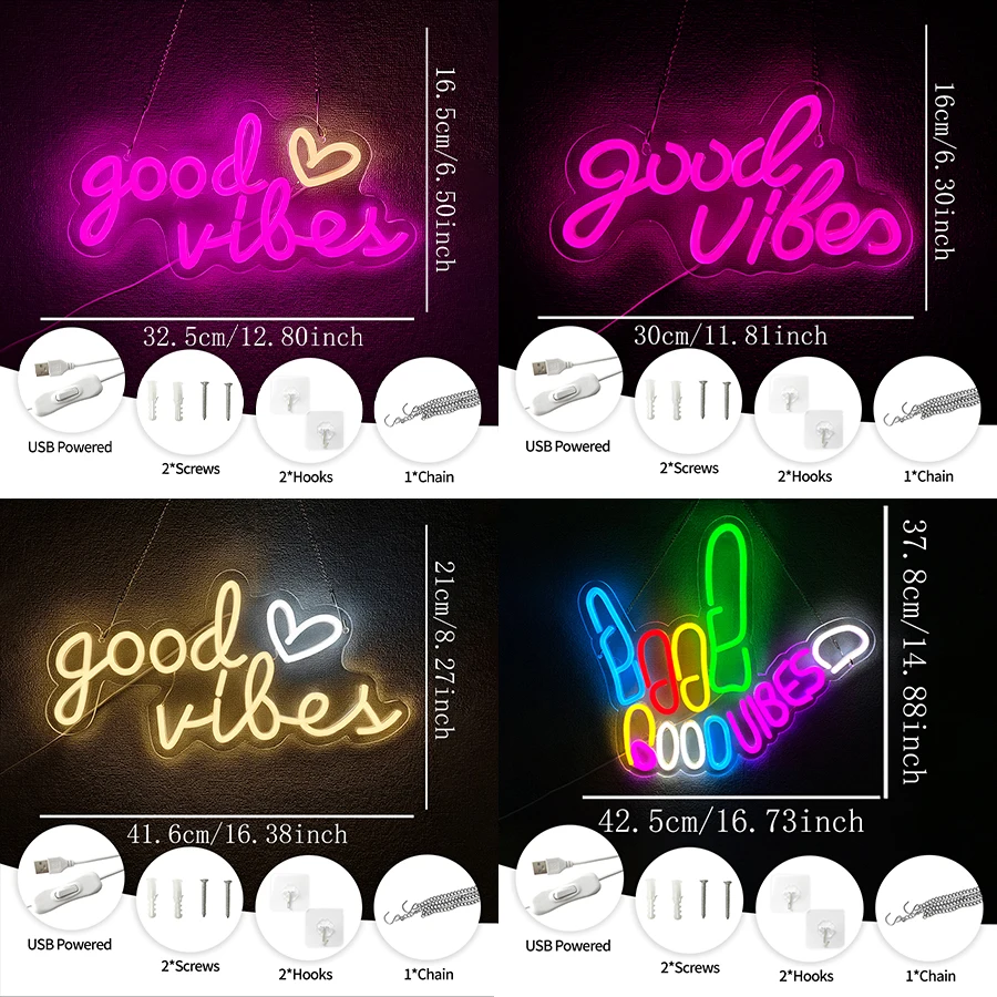 Good Vibes Series Neon Sign For Wall Decor,Led Neon Light For Bedroom,Man Cave Decor,Game Room,Birthday Party Gifts,Bar,Wedding