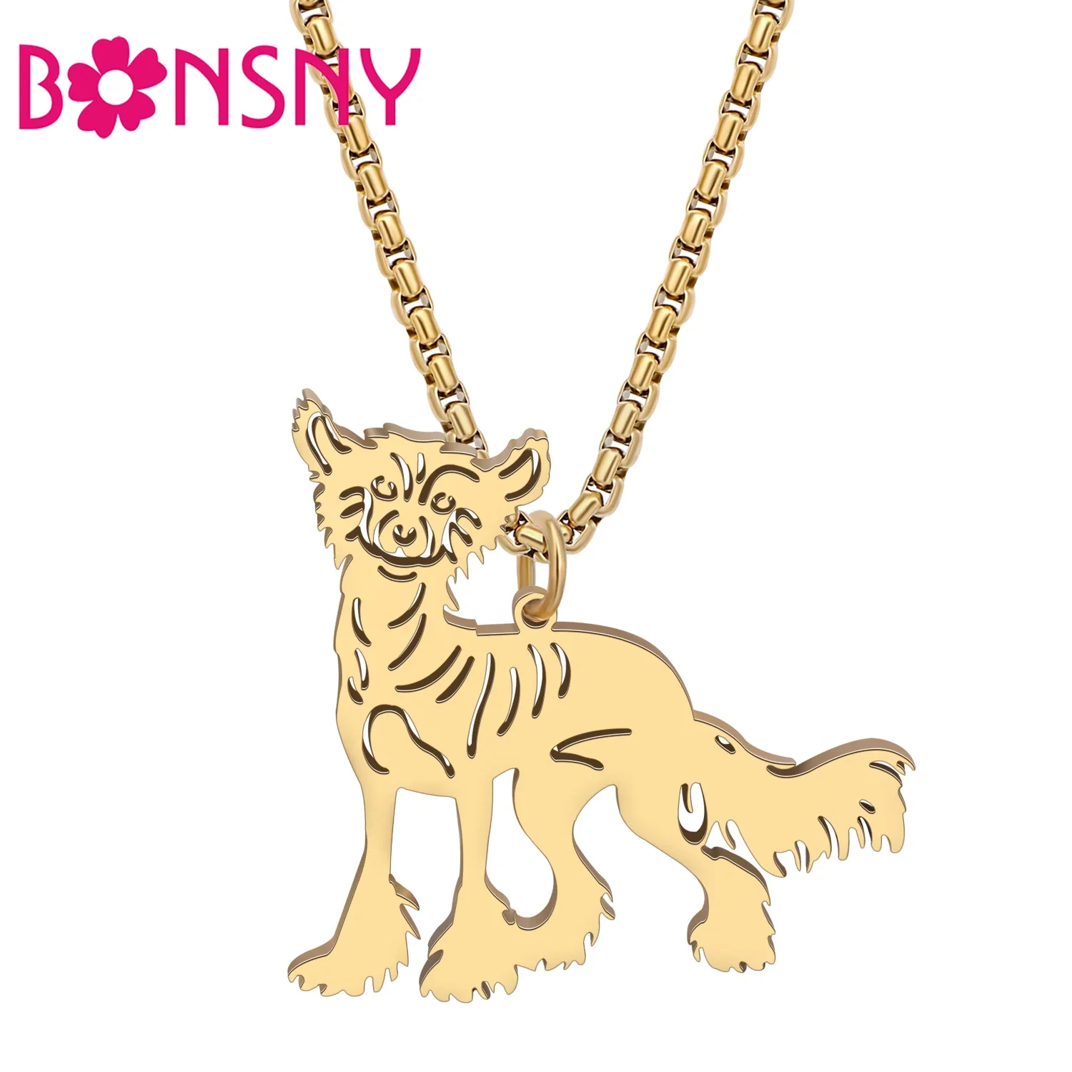 BONSNY Stainless Steel Anime Chinese Crested Dog Necklace Puppy Pendant Jewelry Party Favors For Women Girls Gifts Accessory