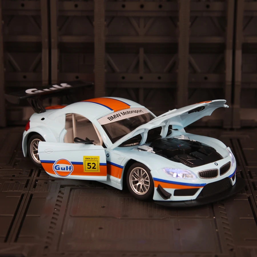 CCA 1:24 BMW Z4 GT3 Gulf Oil Edition modello di auto in lega giocattolo per bambini, porte e cofano possono essere aperti