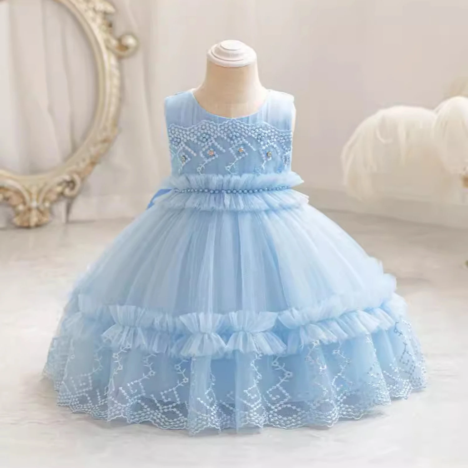 Baby Peuter Geborduurd Geappliqueerde Bruiloft Bloem Meisjes Verjaardagsfeestje Optocht Peuter Formele Jurk Cupcake Tutu Tt103