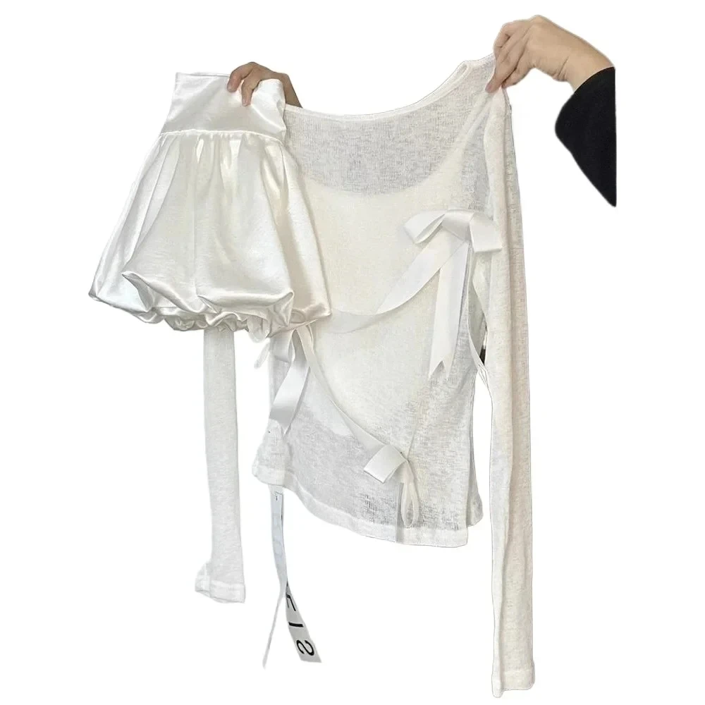 Sweet Long Sleeve Three-piece Y2k Ballet Bow Spring/Summer Set Fashion Top with Camisole Inside Skinny Satin Floral Bud Skirt