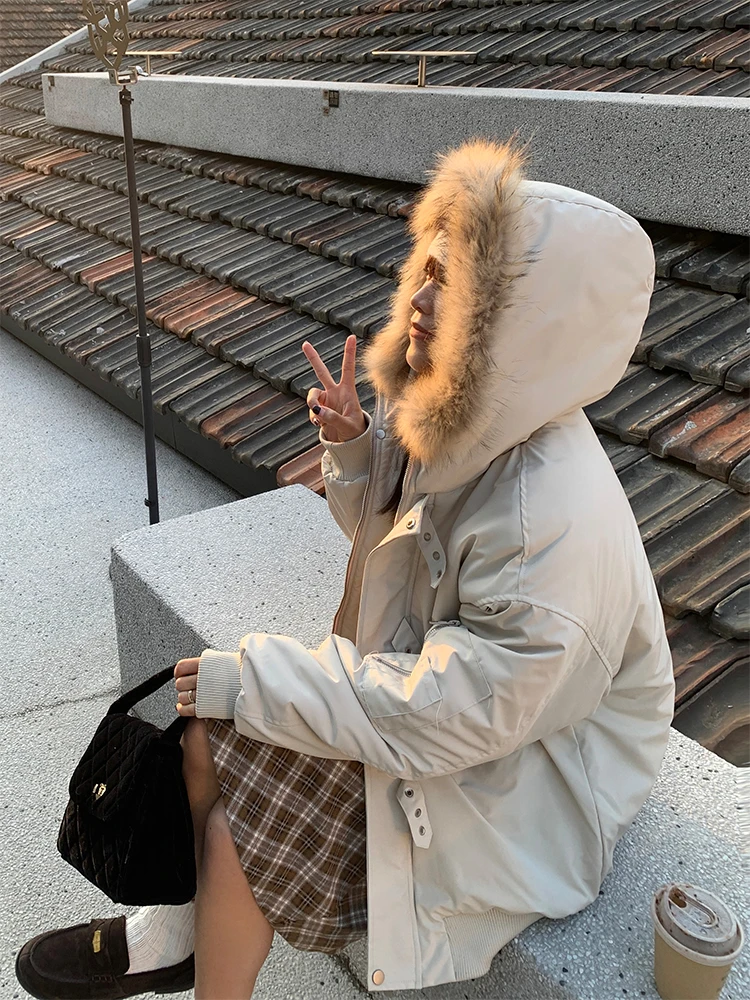 

Warmth Parka Jaet with Fur Collar American Retro Barn Sle Thiened Cotton Coat for Girls Winter Streetwear Zipper Closure