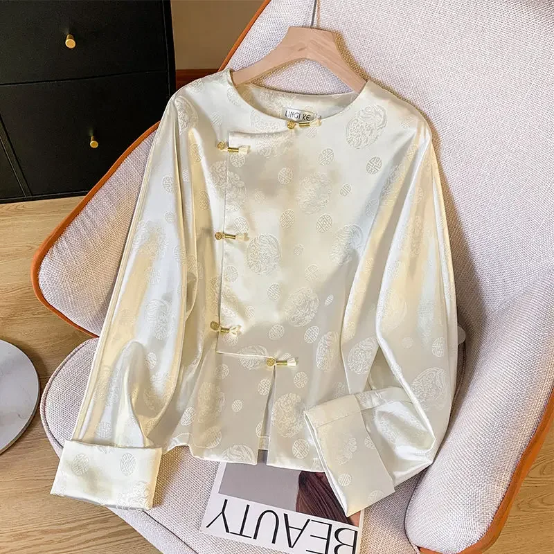 Chinese style national style buckle 2024 autumn jacquard satin shirt Tang suit improved outerwear top advanced bottoming shirt