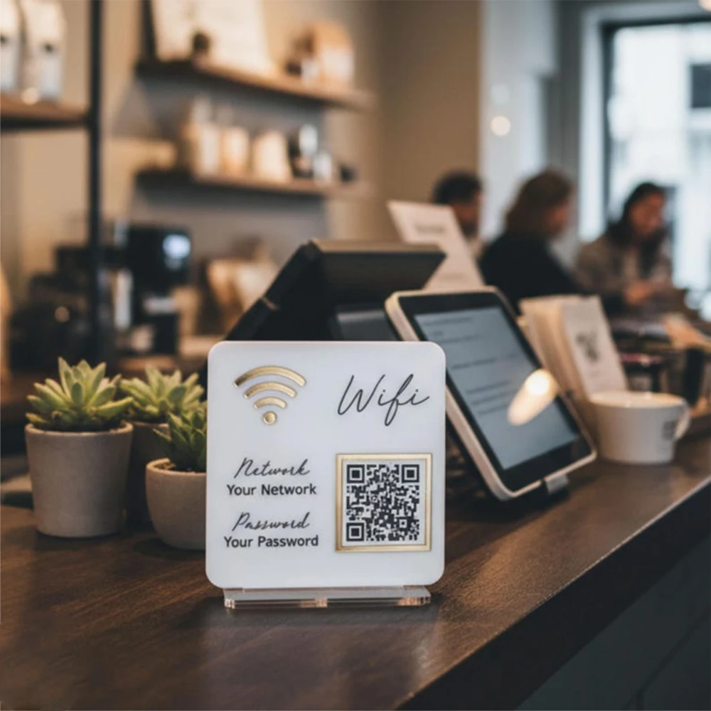 عرض عملي لسطح الطاولة من الأكريليك لرمز الاستجابة السريعة واي فاي للدفع المسح الضوئي، طراز حديث وبسيط، متين وضوح عالي لمتجر المتجر