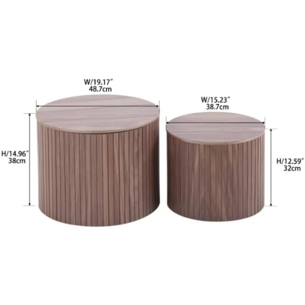 Set Meja Kopi Kayu Modern Bentuk Lingkaran dengan Penyimpanan untuk Ruang Tamu, Finishing Walnut (2 buah)