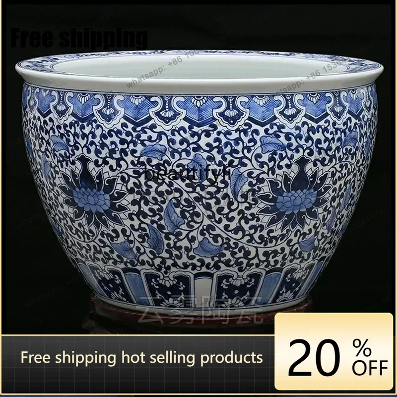 Factory Direct cqyCeramic Fish Tank Hand Painted Blue and White Dragon Pattern Ancient Style Extra Large Sleeping Lotus Lotus Ge