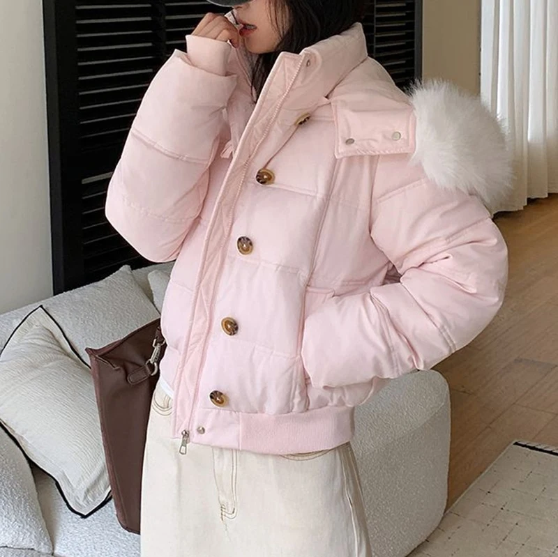 Casual Cropped Parkas Women Fashion Faux Fur Collar Hooded Puffy Coats Winter Warm Solid All Match Slim Long Sleeve Outwear Tops
