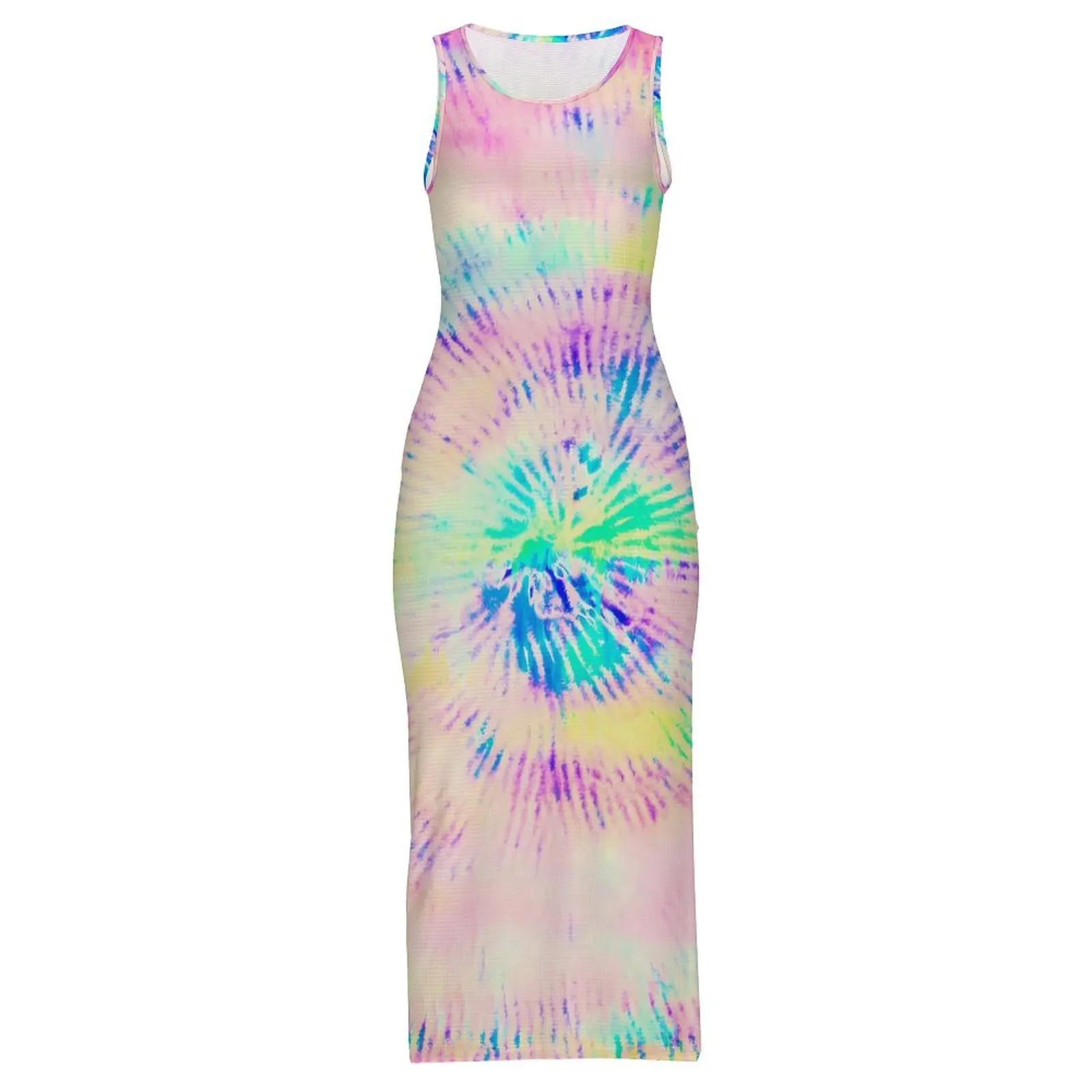 สีนีออนพิมพ์ชุดแขนกุดสีสัน Tie-Dye Street สไตล์ Maxi ชุดเดรส Elegant Bodycon Dress Lady Graphic Oversize Vestido