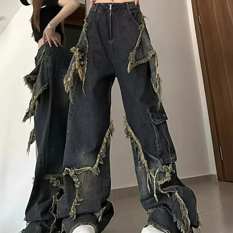 American Retro Heavy Industry Loose Jeans Women's Design Sense Burr Edges Floor Dragging Straight Leg Long Pants Men's Clothing