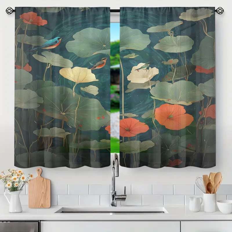 Tropical Lotus Pond Curtains Window Drapes Boho Bathroom Shower Curtain Aesthetic Jungle Lily Pad Print Semi Translucent Home De