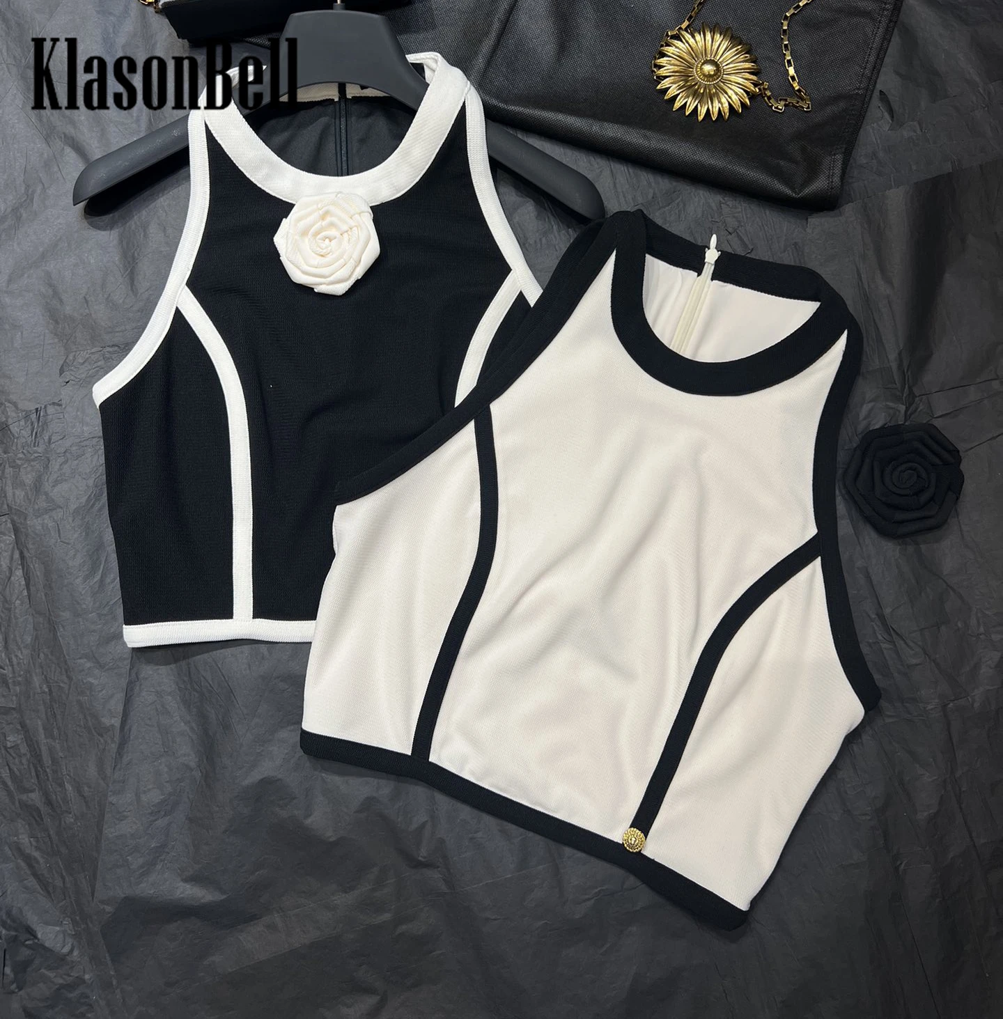 5.5 KlasonBell Luxury Contrast Color 3D Flower Decoration Short Tank Top Summer New Stretch Knit Sexy Halter Camis Women