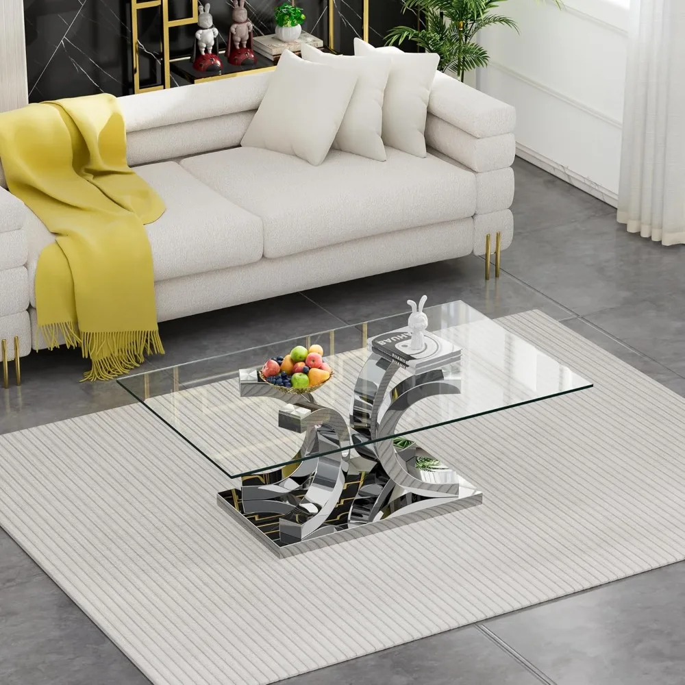 Glass Coffee Table with Silver 4C Stainless Steel Metal Leg, 47 Rectangular Clear Tempered Glass Center Stainless Steel Tea Tabl
