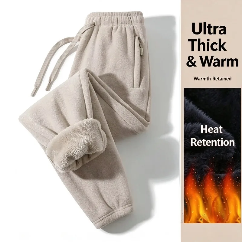 Men's Fleece-Lined Sweatpants, Warm Winter Casual Pants, Soft Double-Sided Flannel Sweatpants, Unisex Outdoor Sweatpants