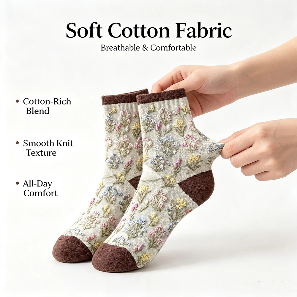 5 Pair Women Vintage Floral Jacquard Middle Tube Socks Embossed Cute Flower Soft Casual Daily Socks For Ladies