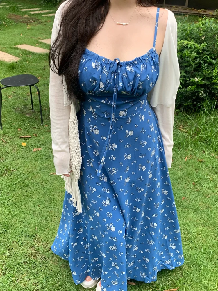 

Синее платье макси с цветочным принтом, без бретелек, с завышенной талией, для женщин, летнее, повседневное, больших размеров