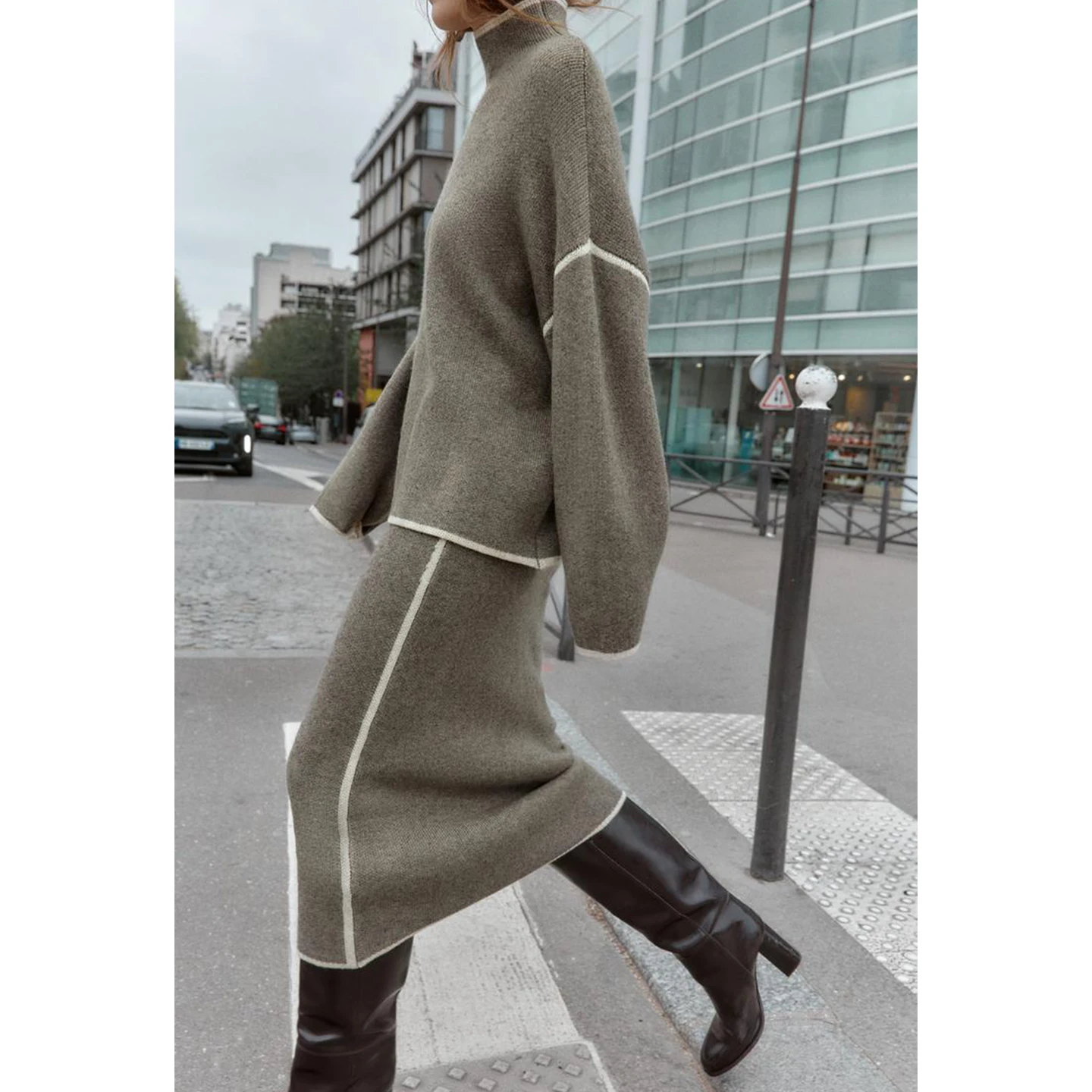 Długi sweter z golfem, blokowy wzór, dzianinowy, prosty krój, spódnica midi, dwuczęściowy zestaw, wysoki stan, jednolity kolor, jesień...