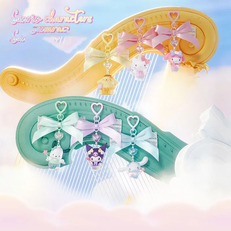 Sanrio Angel Keychain Hello Kitty Kuromi My Melody Cinnamoroll Pompompurin with Bow Crystal Bag Charm Cute Pendant Gift for Girl