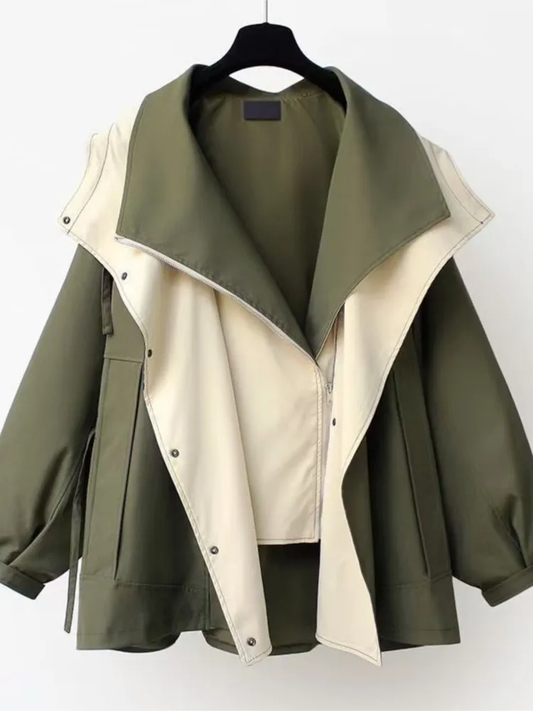 

New Autumn Winter Loose Lapel Hooded Zipper Spliced ​​windbreaker Jacket Women's Casual Windbreaker Wild Ladies Outerwear Coat