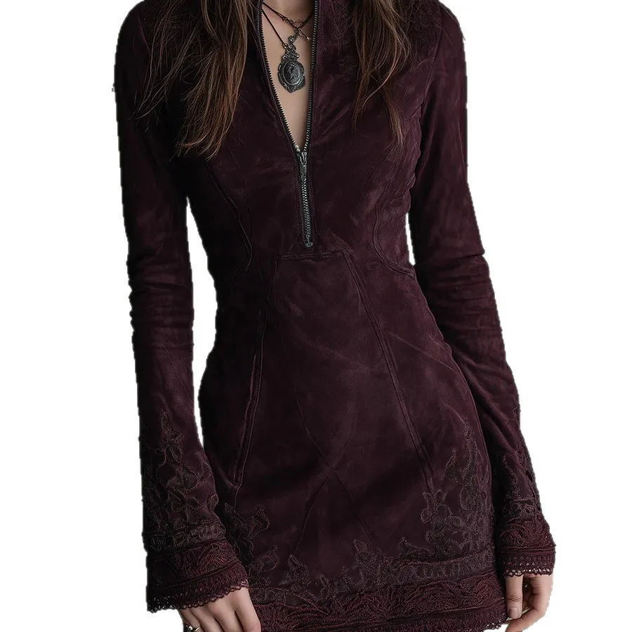 2026 Half Zip-up Stand Collar Slim Mini Dress for Women's Lace Hem Long Sleeve Autumn Suede Leather Floral Pattern Sexy Dresses