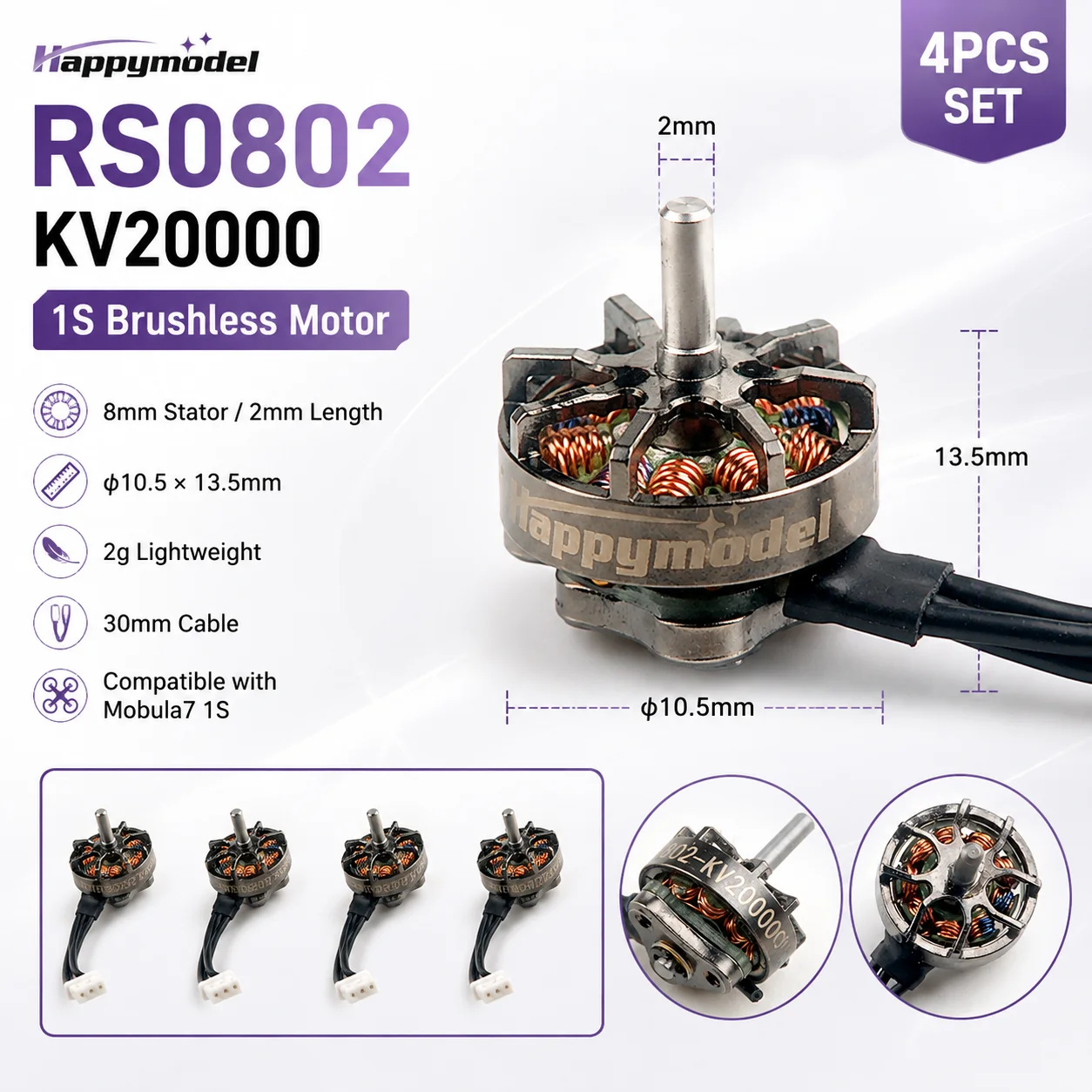 4Pcs HappyModel RS0802 0802 1S Lipo Brushless Motor 20000KV 2CW+2CCW for RC FPV Racing Freestyle Mobula7 HD Drones Upgrade Parts