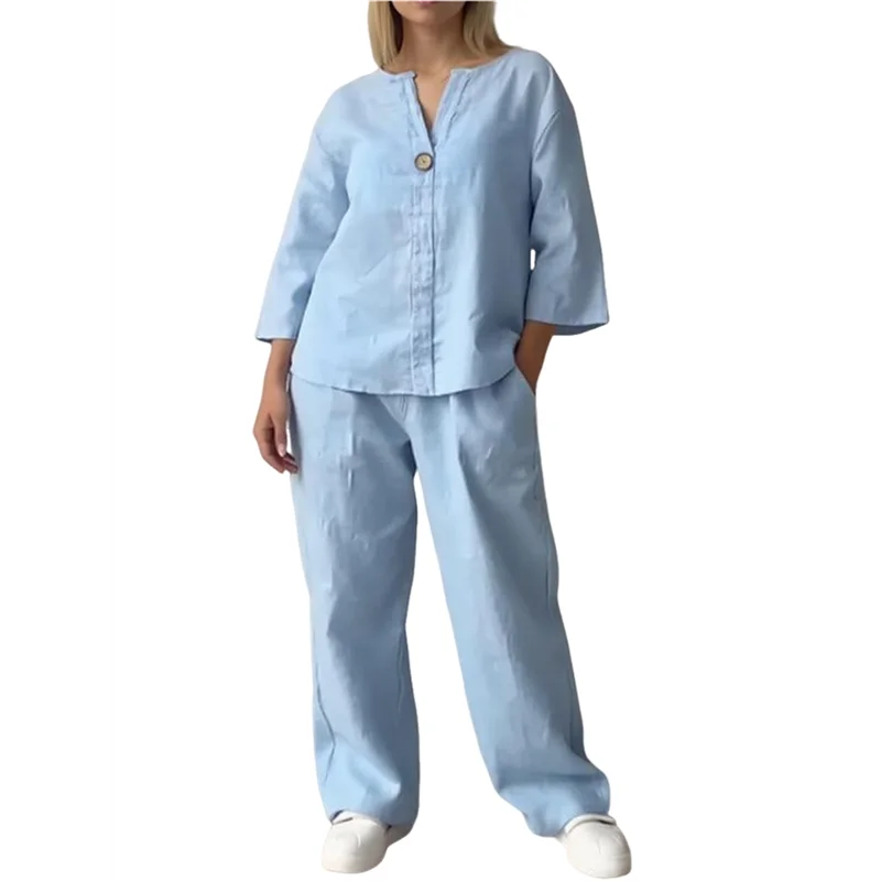 L68A Womens Cotton Linen 2 Piece Sets V Neck Button Down Long Sleeve Shirt Wide Leg Trouser Sets With Pockets Light Blue L