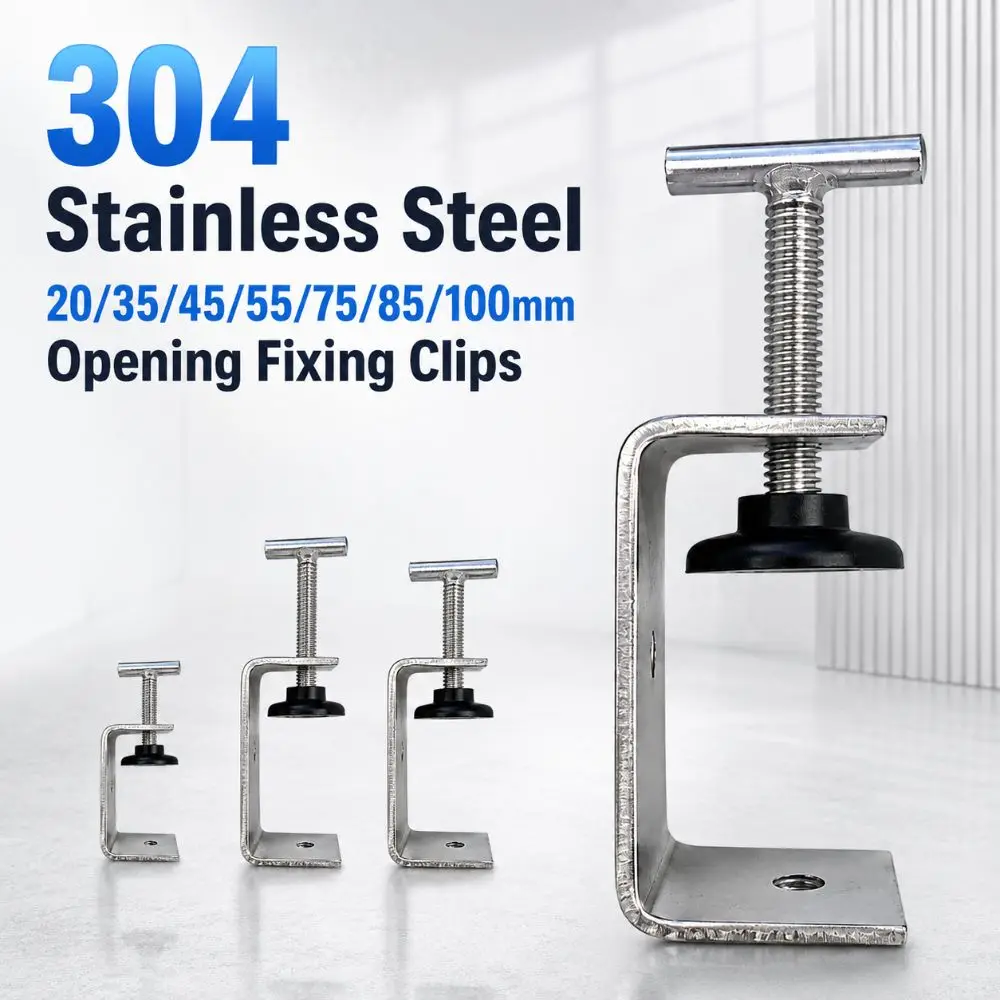304 Stainless Steel C-clamp T-shaped Head 20-100mm Opening Square Clamp Rubber Pad Hand-Tightening Woodworking Fixing Clips