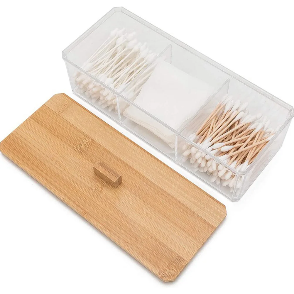 

Bamboo Lid Cotton Swab Box 3 Grid Acrylic Storage Portable Transparent Bathroom Accessories Pad ganizer Household Collection