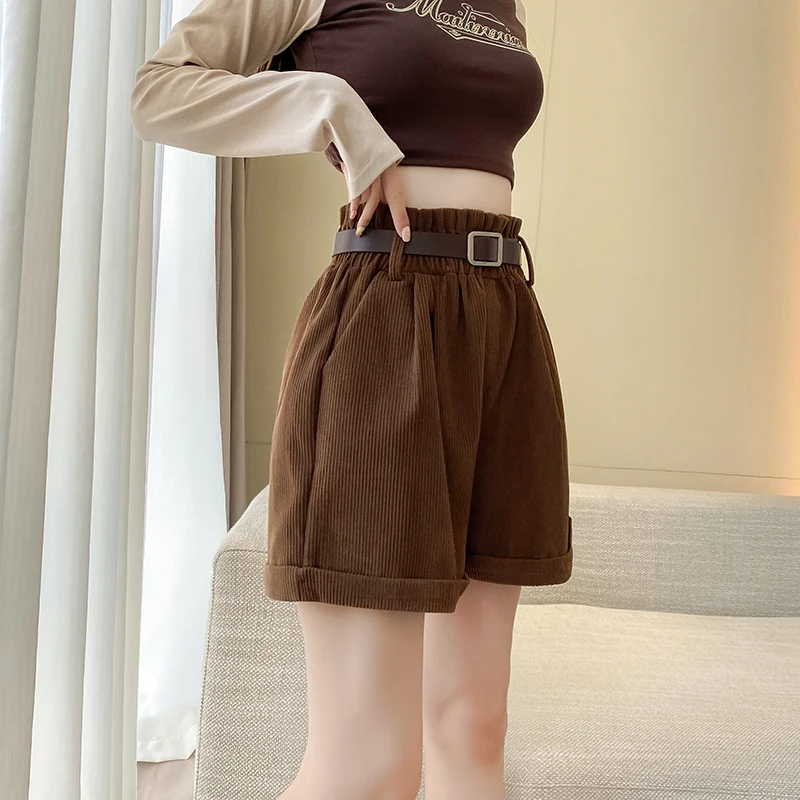 Autumn Winter Woman Corduroy Shorts With Belt 2023 Elastic Waist Loose Crimping Vintage Short Pants For Boots