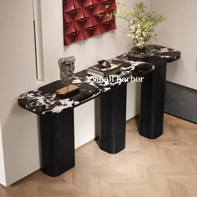 A Medieval light luxury high-end marble entrance table Hotel lobby decoration rectangular model solid wood entrance platform